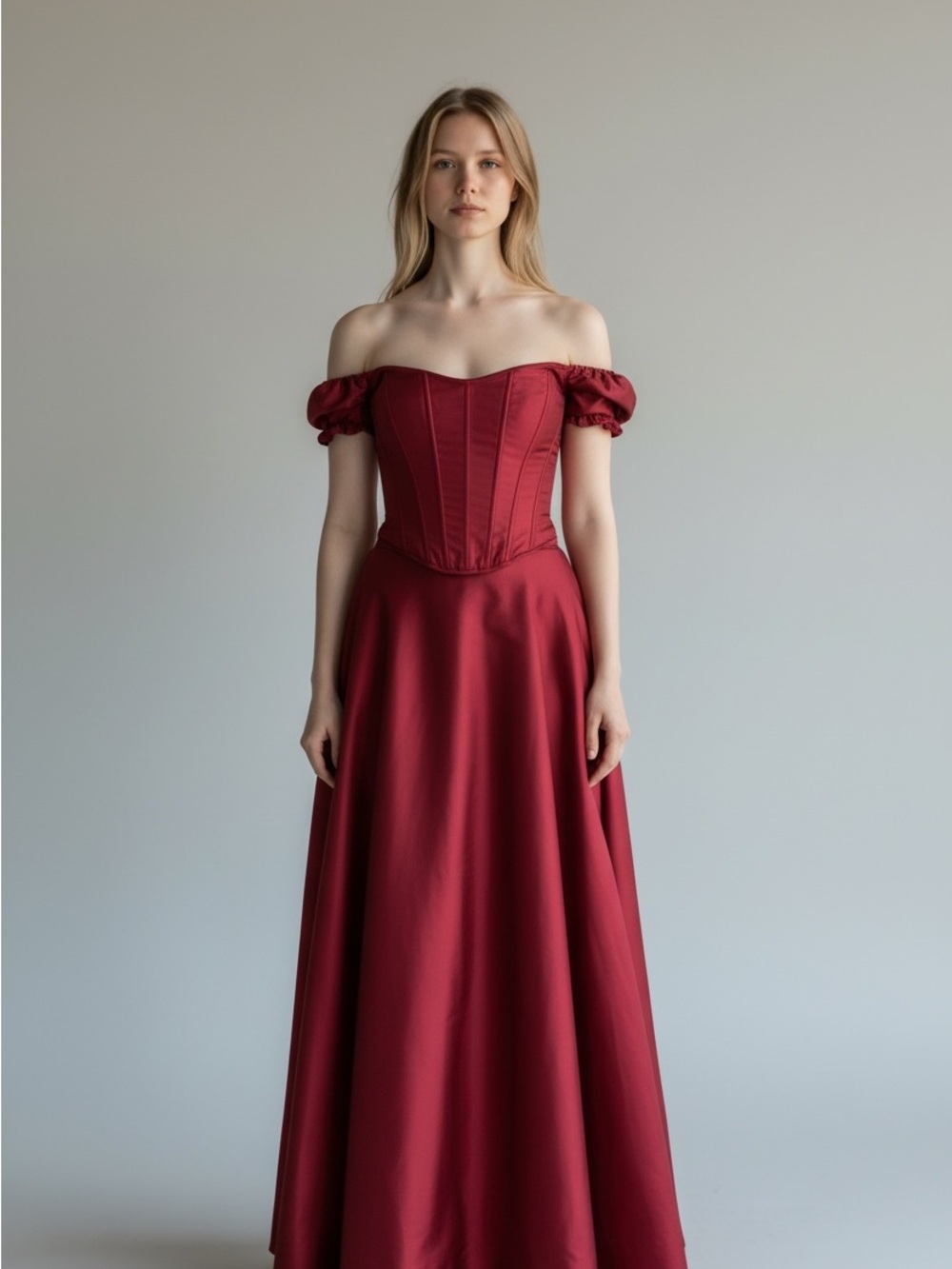 Jessica McClintock formal Off-Shoulder Red Maxi Dress with Corset Bodice